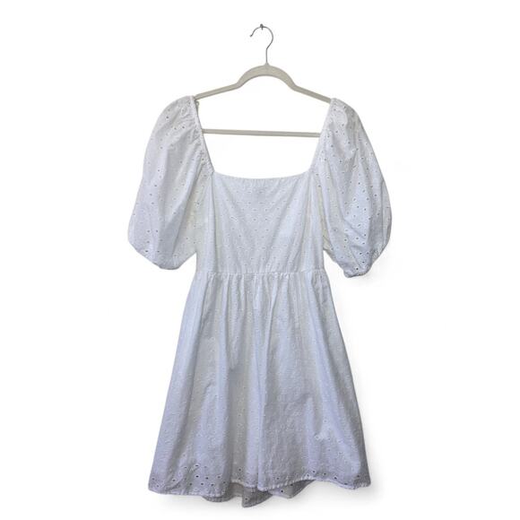 A NEW DAY White Eyelet Open-Back Smocked Dress with Bubble Sleeves - Picture 1 of 6